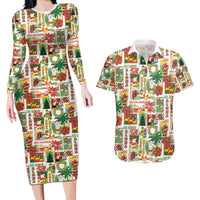 Hawaiian Santa Christmas Pattern Couples Matching Long Sleeve Bodycon Dress and Hawaiian Shirt White Version - Polynesian Pride