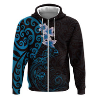 New Zealand Tuatara Plumeria Hoodie Maori Blue Koru Tribal Tattoo LT01 Zip Hoodie Blue - Polynesian Pride