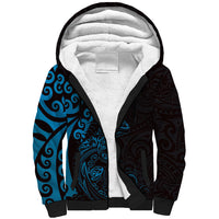 New Zealand Tuatara Plumeria Sherpa Hoodie Maori Blue Koru Tribal Tattoo LT01 Unisex Blue - Polynesian Pride