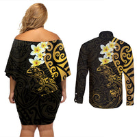 New Zealand Tuatara Plumeria Couples Matching Off Shoulder Short Dress and Long Sleeve Button Shirt Maori Gold Koru Tribal Tattoo LT01 - Polynesian Pride