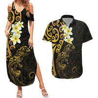 New Zealand Tuatara Plumeria Couples Matching Summer Maxi Dress and Hawaiian Shirt Maori Gold Koru Tribal Tattoo LT01 Gold - Polynesian Pride