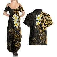 New Zealand Tuatara Plumeria Couples Matching Summer Maxi Dress and Hawaiian Shirt Maori Gold Koru Tribal Tattoo LT01 - Polynesian Pride