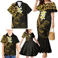 New Zealand Tuatara Plumeria Family Matching Mermaid Dress and Hawaiian Shirt Maori Gold Koru Tribal Tattoo LT01 - Polynesian Pride