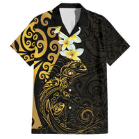New Zealand Tuatara Plumeria Family Matching Off Shoulder Maxi Dress and Hawaiian Shirt Maori Gold Koru Tribal Tattoo LT01 Dad's Shirt - Short Sleeve Gold - Polynesian Pride