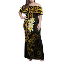 New Zealand Tuatara Plumeria Family Matching Off Shoulder Maxi Dress and Hawaiian Shirt Maori Gold Koru Tribal Tattoo LT01 Mom's Dress Gold - Polynesian Pride