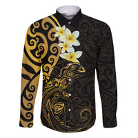 New Zealand Tuatara Plumeria Family Matching Puletasi and Hawaiian Shirt Maori Gold Koru Tribal Tattoo LT01 Dad's Shirt - Long Sleeve Gold - Polynesian Pride
