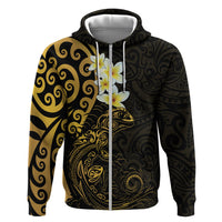 New Zealand Tuatara Plumeria Hoodie Maori Gold Koru Tribal Tattoo LT01 Zip Hoodie Gold - Polynesian Pride