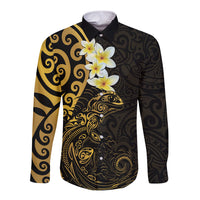 New Zealand Tuatara Plumeria Long Sleeve Button Shirt Maori Gold Koru Tribal Tattoo LT01 Unisex Gold - Polynesian Pride