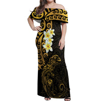 New Zealand Tuatara Plumeria Off Shoulder Maxi Dress Maori Gold Koru Tribal Tattoo LT01 Women Gold - Polynesian Pride