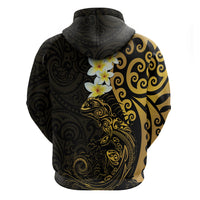 New Zealand Tuatara Plumeria Zip Hoodie Maori Gold Koru Tribal Tattoo LT01 - Polynesian Pride