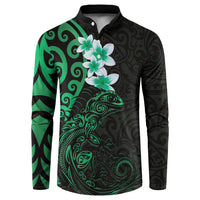 New Zealand Tuatara Plumeria Button Sweatshirt Maori Green Koru Tribal Tattoo