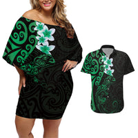 New Zealand Tuatara Plumeria Couples Matching Off Shoulder Short Dress and Hawaiian Shirt Maori Green Koru Tribal Tattoo LT01 Green - Polynesian Pride