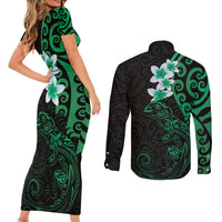New Zealand Tuatara Plumeria Couples Matching Short Sleeve Bodycon Dress and Long Sleeve Button Shirt Maori Green Koru Tribal Tattoo LT01 - Polynesian Pride