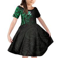 New Zealand Tuatara Plumeria Family Matching Mermaid Dress and Hawaiian Shirt Maori Green Koru Tribal Tattoo LT01 Daughter's Dress Green - Polynesian Pride