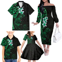 New Zealand Tuatara Plumeria Family Matching Off The Shoulder Long Sleeve Dress and Hawaiian Shirt Maori Green Koru Tribal Tattoo LT01 - Polynesian Pride