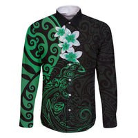 New Zealand Tuatara Plumeria Family Matching Off The Shoulder Long Sleeve Dress and Hawaiian Shirt Maori Green Koru Tribal Tattoo LT01 Dad's Shirt - Long Sleeve Green - Polynesian Pride