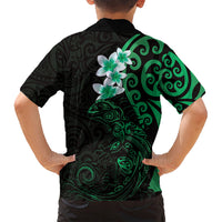 New Zealand Tuatara Plumeria Family Matching Off Shoulder Short Dress and Hawaiian Shirt Maori Green Koru Tribal Tattoo LT01 - Polynesian Pride