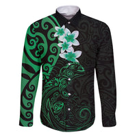 New Zealand Tuatara Plumeria Family Matching Summer Maxi Dress and Hawaiian Shirt Maori Green Koru Tribal Tattoo LT01 Dad's Shirt - Long Sleeve Green - Polynesian Pride