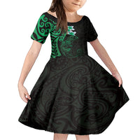 New Zealand Tuatara Plumeria Kid Short Sleeve Dress Maori Green Koru Tribal Tattoo LT01 KID Green - Polynesian Pride