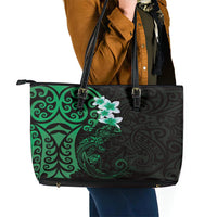 New Zealand Tuatara Plumeria Leather Tote Bag Maori Green Koru Tribal Tattoo LT01 - Polynesian Pride