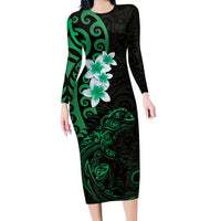 New Zealand Tuatara Plumeria Long Sleeve Bodycon Dress Maori Green Koru Tribal Tattoo LT01 Long Dress Green - Polynesian Pride