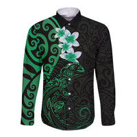 New Zealand Tuatara Plumeria Long Sleeve Button Shirt Maori Green Koru Tribal Tattoo LT01 Unisex Green - Polynesian Pride