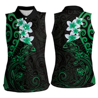 New Zealand Tuatara Plumeria Women Sleeveless Polo Shirt Maori Green Koru Tribal Tattoo