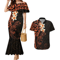 New Zealand Tuatara Plumeria Couples Matching Mermaid Dress and Hawaiian Shirt Maori Orange Koru Tribal Tattoo LT01 Orange - Polynesian Pride
