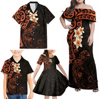New Zealand Tuatara Plumeria Family Matching Off Shoulder Maxi Dress and Hawaiian Shirt Maori Orange Koru Tribal Tattoo LT01 - Polynesian Pride