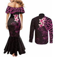 New Zealand Tuatara Plumeria Couples Matching Mermaid Dress and Long Sleeve Button Shirt Maori Pink Koru Tribal Tattoo LT01 - Polynesian Pride