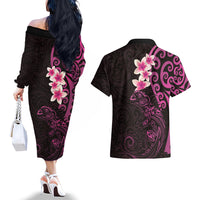 New Zealand Tuatara Plumeria Couples Matching Off The Shoulder Long Sleeve Dress and Hawaiian Shirt Maori Pink Koru Tribal Tattoo LT01 - Polynesian Pride