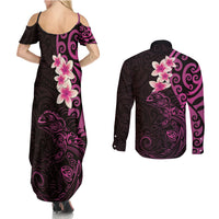 New Zealand Tuatara Plumeria Couples Matching Summer Maxi Dress and Long Sleeve Button Shirt Maori Pink Koru Tribal Tattoo LT01 - Polynesian Pride