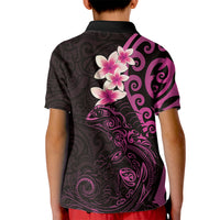 New Zealand Tuatara Plumeria Kid Polo Shirt Maori Pink Koru Tribal Tattoo