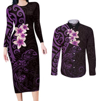 New Zealand Tuatara Plumeria Couples Matching Long Sleeve Bodycon Dress and Long Sleeve Button Shirt Maori Purple Koru Tribal Tattoo LT01 Purple - Polynesian Pride