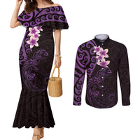 New Zealand Tuatara Plumeria Couples Matching Mermaid Dress and Long Sleeve Button Shirt Maori Purple Koru Tribal Tattoo LT01 Purple - Polynesian Pride