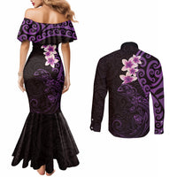 New Zealand Tuatara Plumeria Couples Matching Mermaid Dress and Long Sleeve Button Shirt Maori Purple Koru Tribal Tattoo LT01 - Polynesian Pride