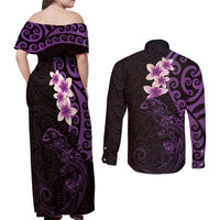 New Zealand Tuatara Plumeria Couples Matching Off Shoulder Maxi Dress and Long Sleeve Button Shirt Maori Purple Koru Tribal Tattoo LT01 - Polynesian Pride