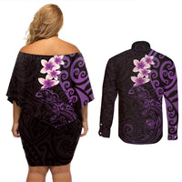 New Zealand Tuatara Plumeria Couples Matching Off Shoulder Short Dress and Long Sleeve Button Shirt Maori Purple Koru Tribal Tattoo LT01 - Polynesian Pride