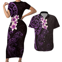 New Zealand Tuatara Plumeria Couples Matching Short Sleeve Bodycon Dress and Hawaiian Shirt Maori Purple Koru Tribal Tattoo LT01 Purple - Polynesian Pride