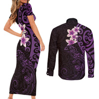 New Zealand Tuatara Plumeria Couples Matching Short Sleeve Bodycon Dress and Long Sleeve Button Shirt Maori Purple Koru Tribal Tattoo LT01 - Polynesian Pride