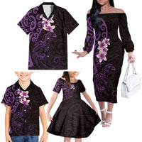 New Zealand Tuatara Plumeria Family Matching Off The Shoulder Long Sleeve Dress and Hawaiian Shirt Maori Purple Koru Tribal Tattoo LT01 - Polynesian Pride