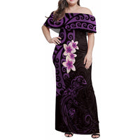 New Zealand Tuatara Plumeria Family Matching Off Shoulder Maxi Dress and Hawaiian Shirt Maori Purple Koru Tribal Tattoo LT01 Mom's Dress Purple - Polynesian Pride