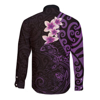 New Zealand Tuatara Plumeria Long Sleeve Button Shirt Maori Purple Koru Tribal Tattoo LT01 - Polynesian Pride