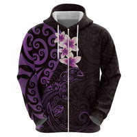 New Zealand Tuatara Plumeria Zip Hoodie Maori Purple Koru Tribal Tattoo LT01 - Polynesian Pride