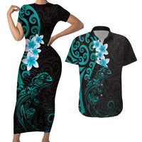 New Zealand Tuatara Plumeria Couples Matching Short Sleeve Bodycon Dress and Hawaiian Shirt Maori Teal Koru Tribal Tattoo LT01 Teal - Polynesian Pride