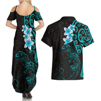 New Zealand Tuatara Plumeria Couples Matching Summer Maxi Dress and Hawaiian Shirt Maori Teal Koru Tribal Tattoo LT01 - Polynesian Pride