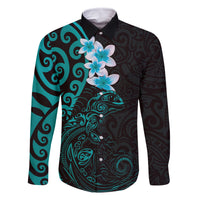 New Zealand Tuatara Plumeria Family Matching Off The Shoulder Long Sleeve Dress and Hawaiian Shirt Maori Teal Koru Tribal Tattoo LT01 Dad's Shirt - Long Sleeve Teal - Polynesian Pride