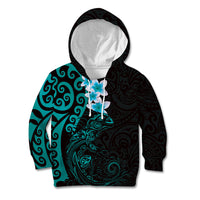 New Zealand Tuatara Plumeria Kid Hoodie Maori Teal Koru Tribal Tattoo LT01 Hoodie Teal - Polynesian Pride