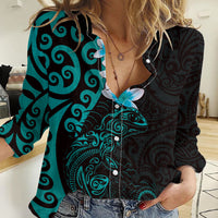 New Zealand Tuatara Plumeria Women Casual Shirt Maori Teal Koru Tribal Tattoo LT01 Female Teal - Polynesian Pride