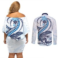Blue Maori Tuatara Couples Matching Off Shoulder Short Dress and Long Sleeve Button Shirt Luxury Pastel Pattern